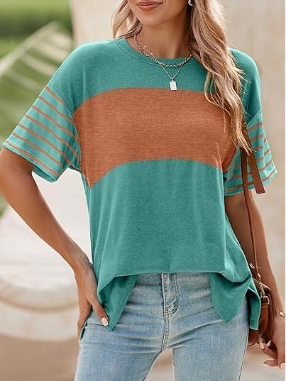 Womens Oversized Crewneck Casual Color Block Striped Shirts Blouses(Buy 3 Free Shipping)