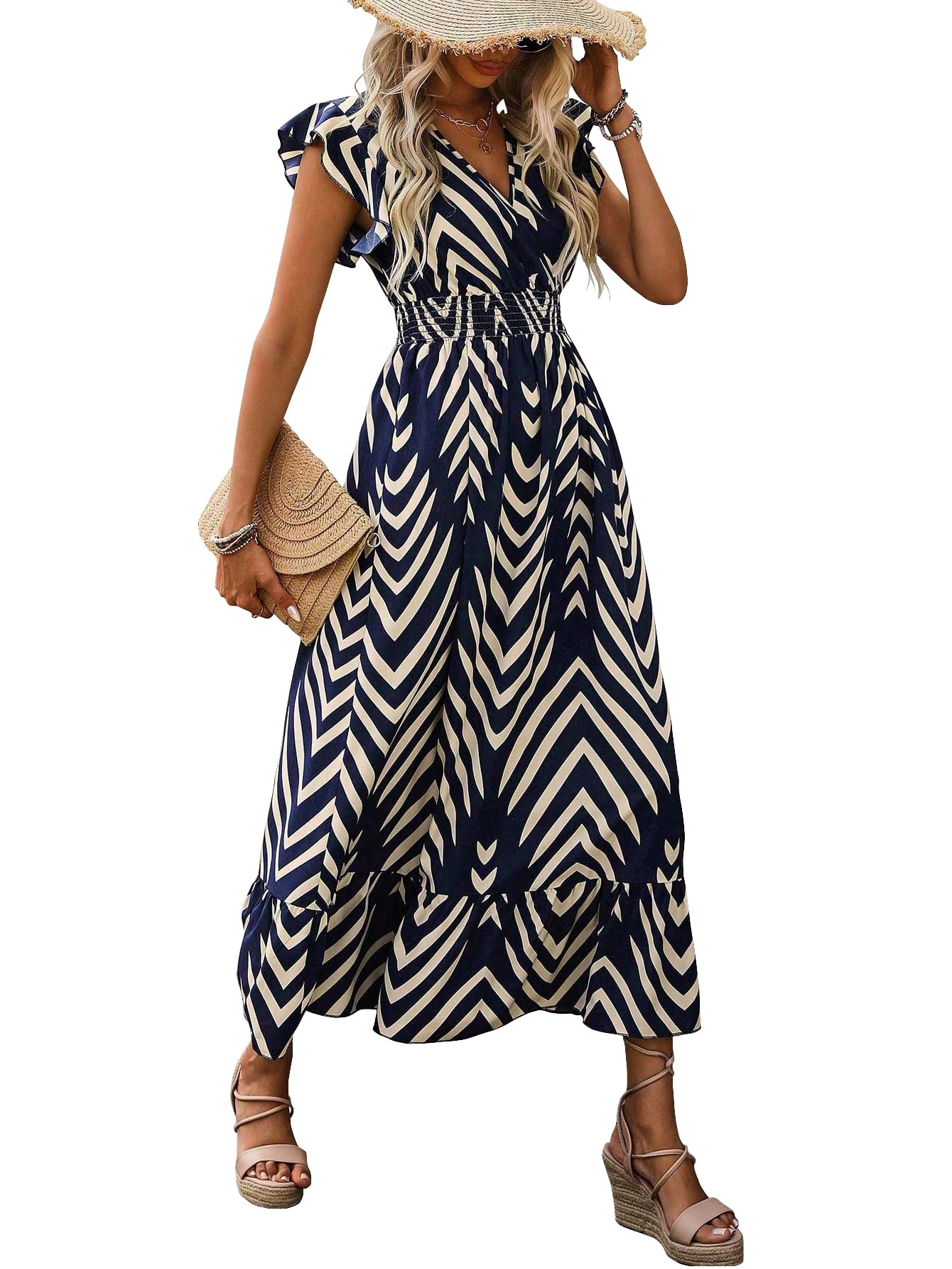 Women's Spring Summer Fashion Floral V Neck Ruffle Waist Slim Boho Dress