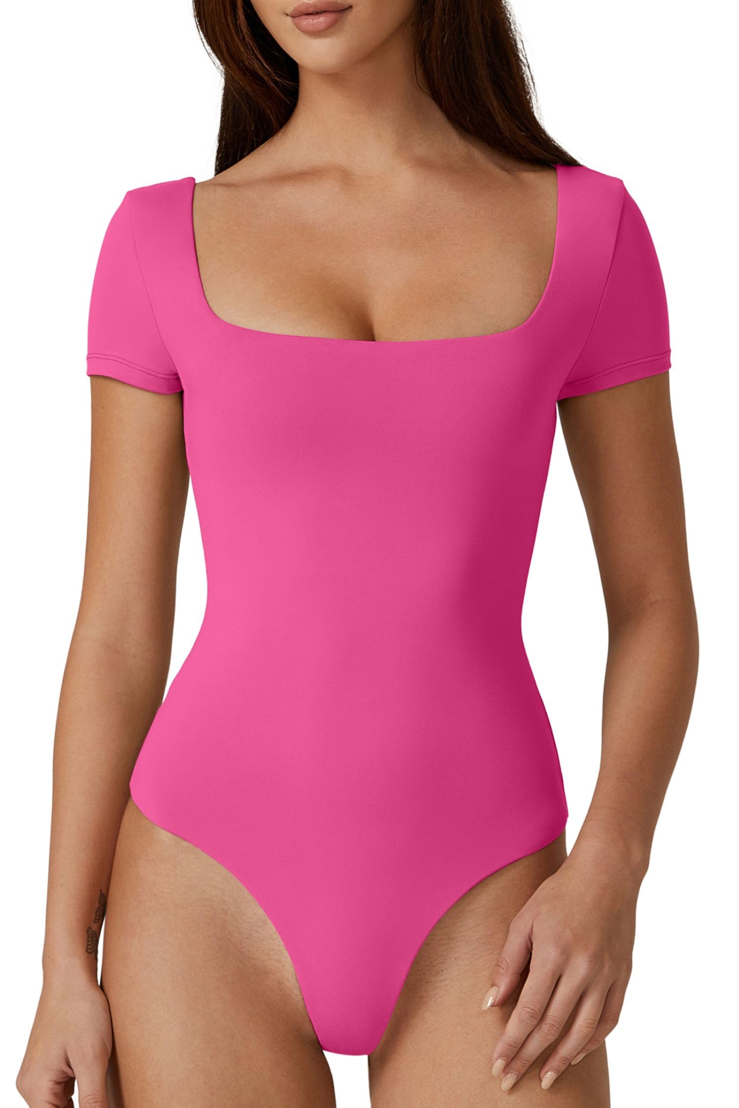  Women's Square Neck Short Sleeve Double-Layer Bodysuit