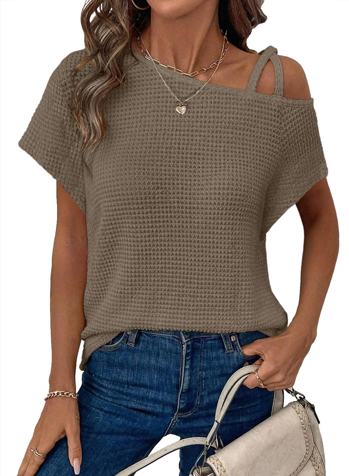 Womens Summer Tops Off One Shoulder Waffle Knit Short Sleeve T-Shirts