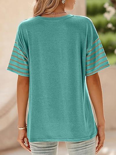 Womens Oversized Crewneck Casual Color Block Striped Shirts Blouses(Buy 3 Free Shipping)