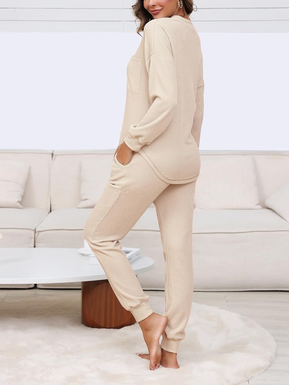 Women's V Neck Waffle Knit Sleepwear Top and Pant Lounge Sets