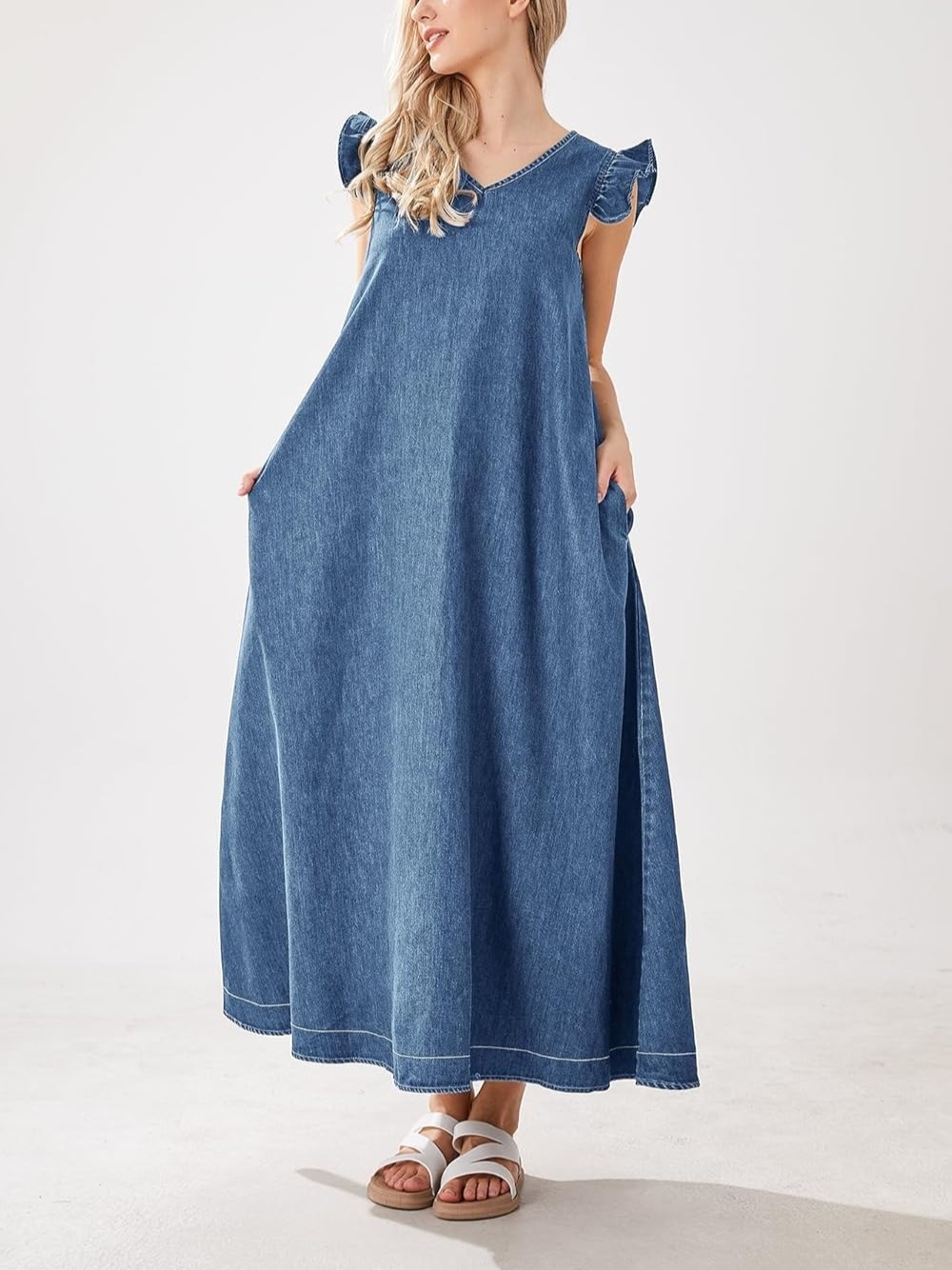 HOT SALE Women's Casual Loose Fit Ruffle Sleeveless V-Neck Denim Maxi Dress