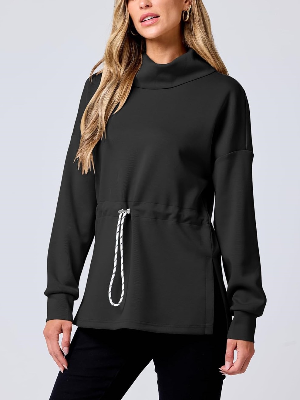 Women's Long Sleeve Turtleneck Drawstring Waist Hoodie Sweatshirts
