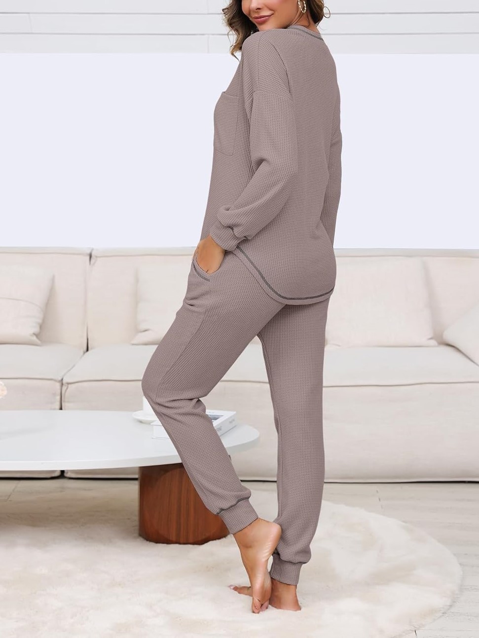 Women's V Neck Waffle Knit Sleepwear Top and Pant Lounge Sets
