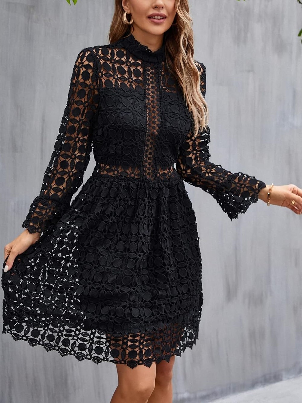 Women's Stand Collar Lace Hollow-Out Floral Pattern Dress