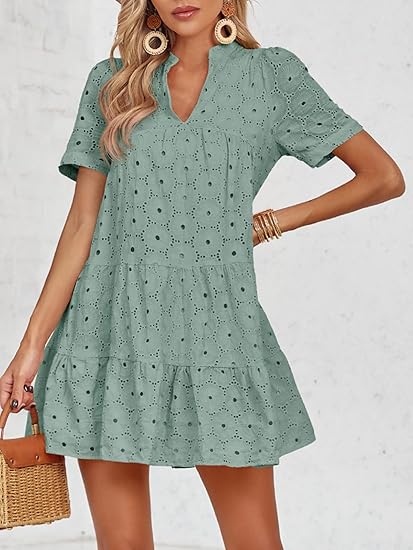 Womens Eyelet Casual Flowy Babydoll Swing Short Sleeve V Neck Tunic Dress