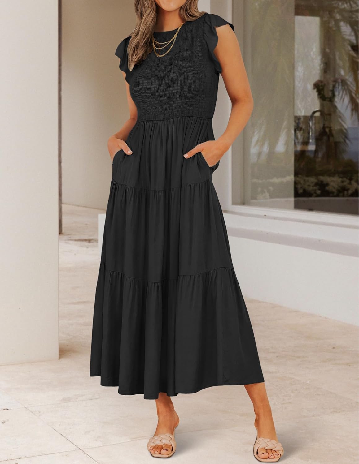 HOT SALE Women's Flutter Short Sleeve Crew Neck Smocked Elastic Waist Tiered Midi Dress