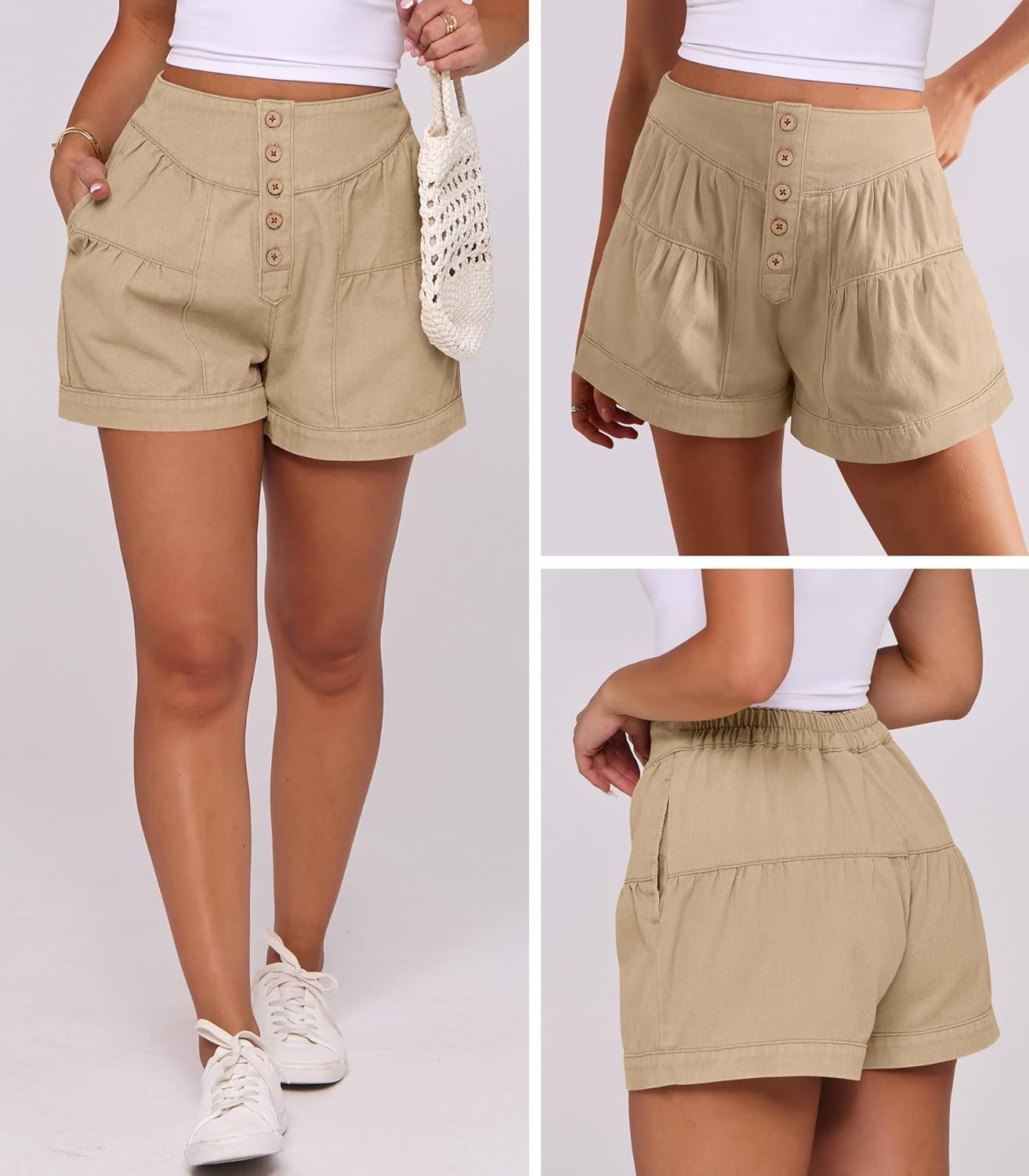 Women's Summer Baggy Flowy Wide Leg Buttons Pleated Denim Shorts