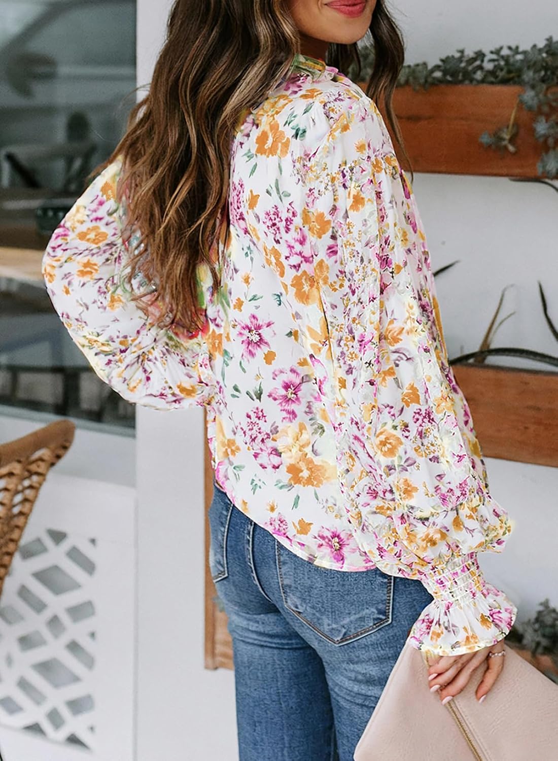 Women's Boho Floral Print V Neck Long Sleeve Drawstring Button Blouses