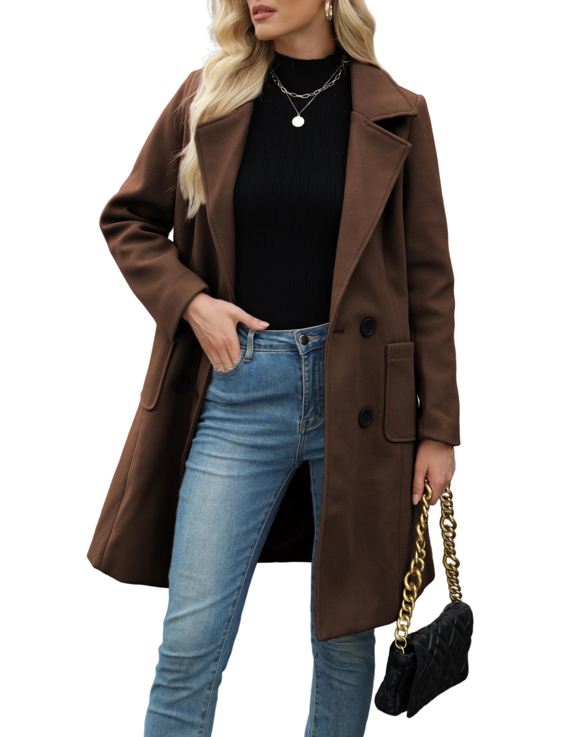 Women Winter Wool Blend Camel Mid-Long Coat Notch Double-Breasted Lapel Jacket Outwear