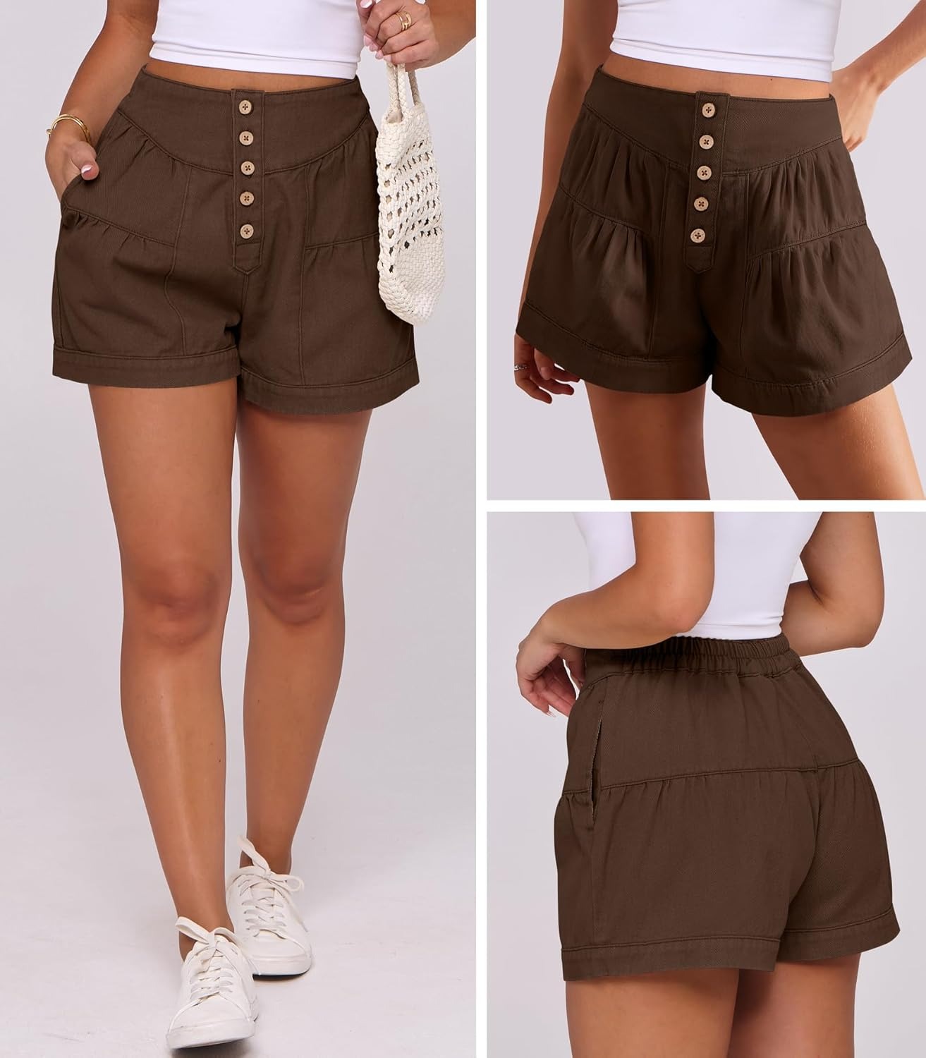 Women's Summer Baggy Flowy Wide Leg Buttons Pleated Denim Shorts