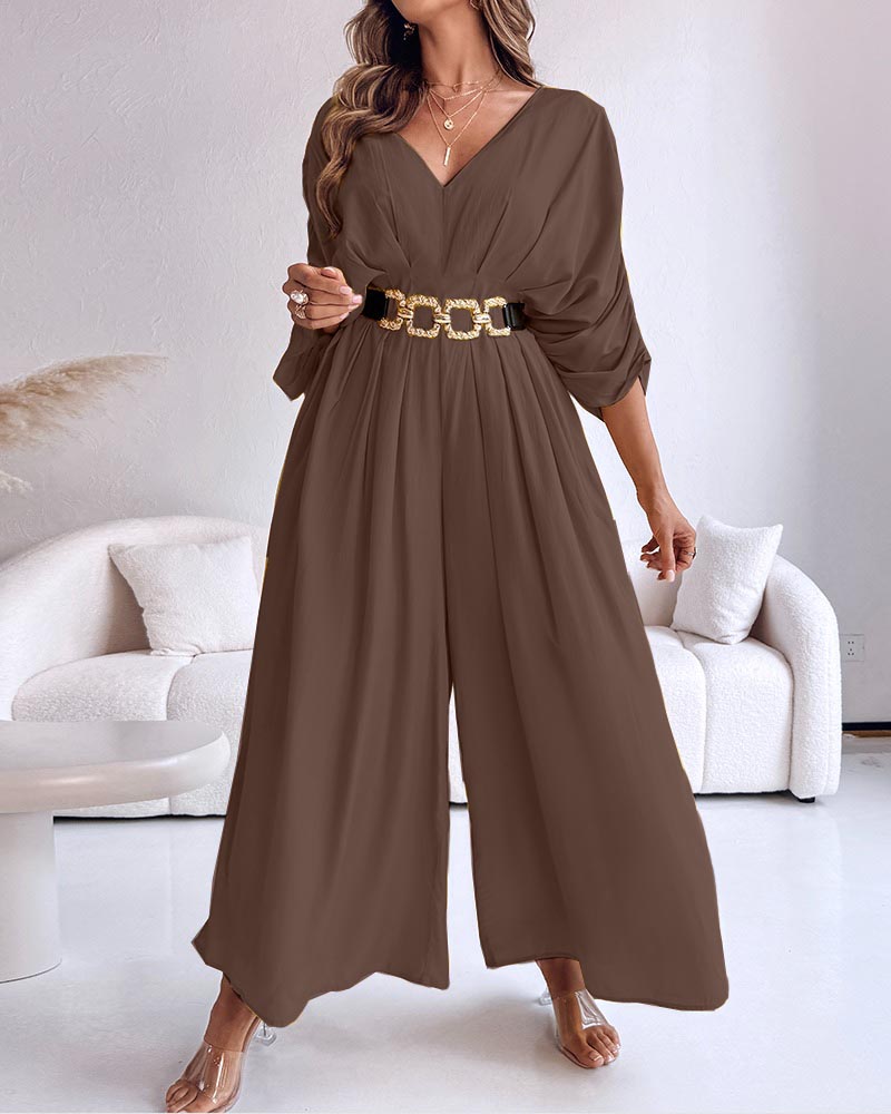 Women's Casual V-Neck Half Sleeve Ruched Jumpsuit