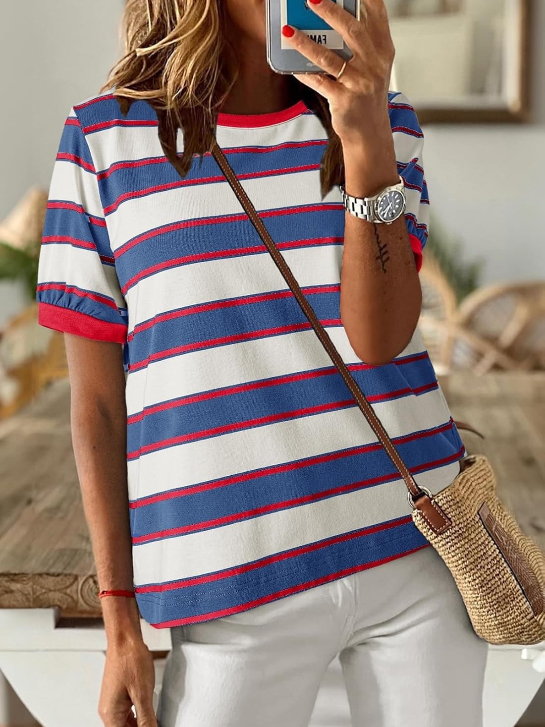 HOT SALE Women's Striped Color Block Short Sleeve T-Shirts Casual Loose Basic Tee