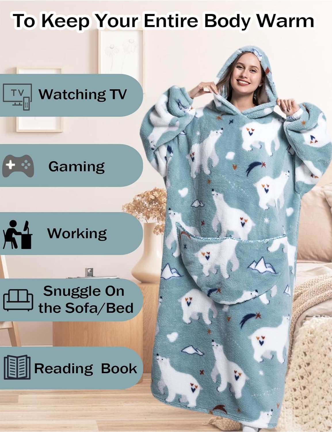 Womens Oversized Cartoon Fleece Hoodie Blanket With Front Pocket