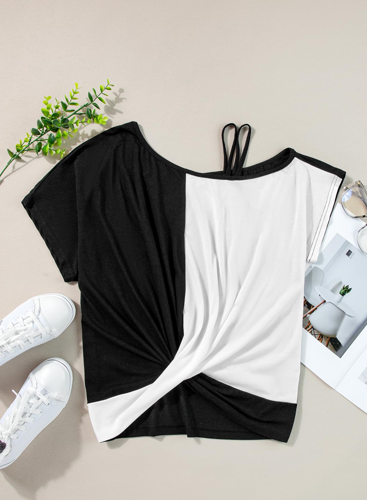 Women Twist Knot Color Block Loose Fit Cold Shoulder Tops