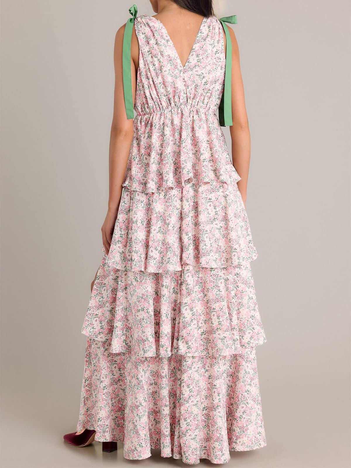 Women's Boho Floral Tie Strap V Neck Ruffle Tiered Maxi Dress