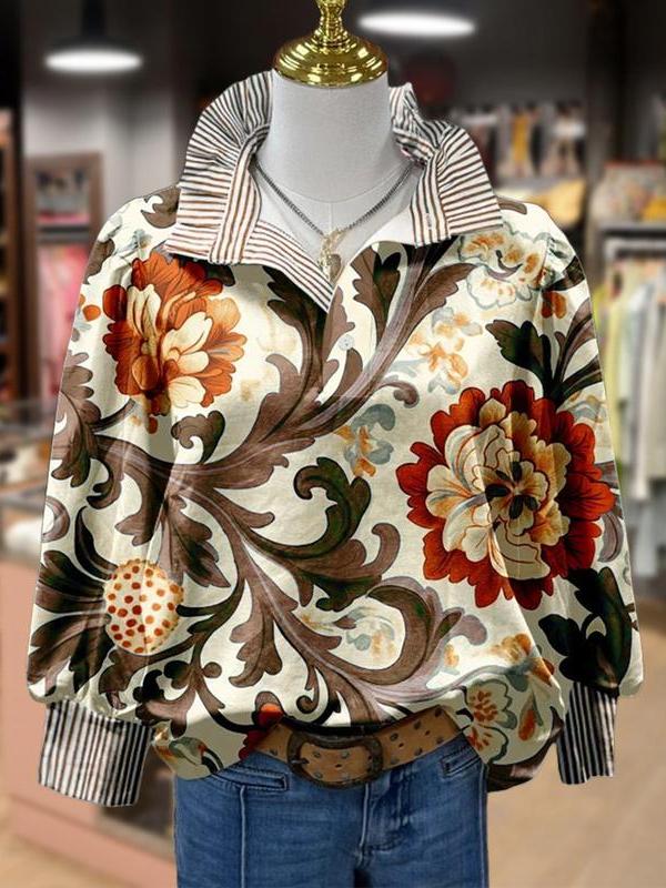 Vintage Floral Print Striped Collar Top(Buy 2 Free Shipping)