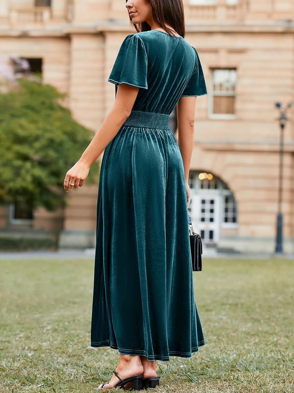 Women's V Neck Short Sleeve Empire Waist Velvet Maxi Dress