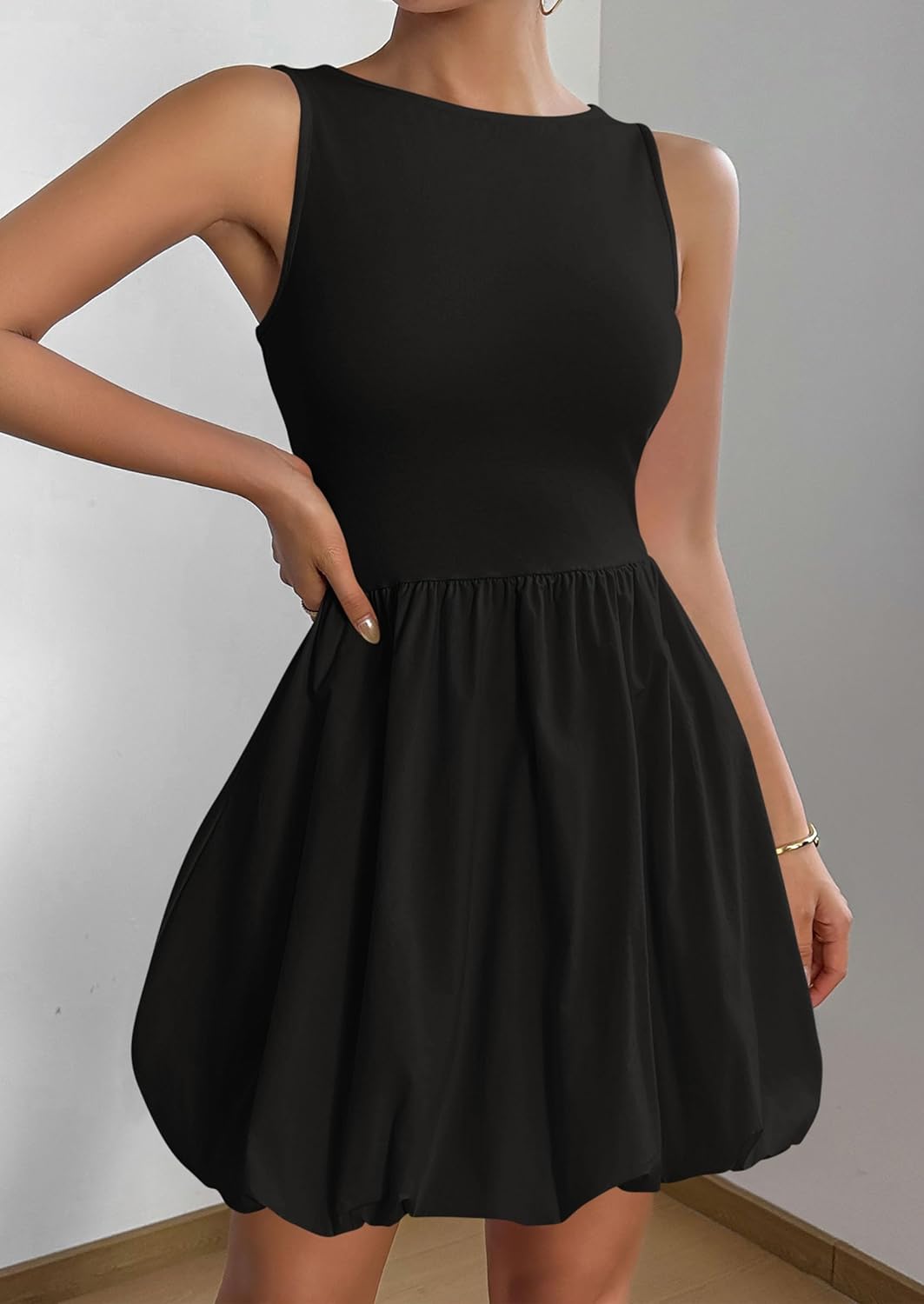 Women's Casual Crew Neck Sleeveless Tank Bubble Dress with Pockets