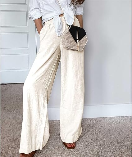 Women's Cotton Linen Drawstring Stretch Waist Wide Leg Pants