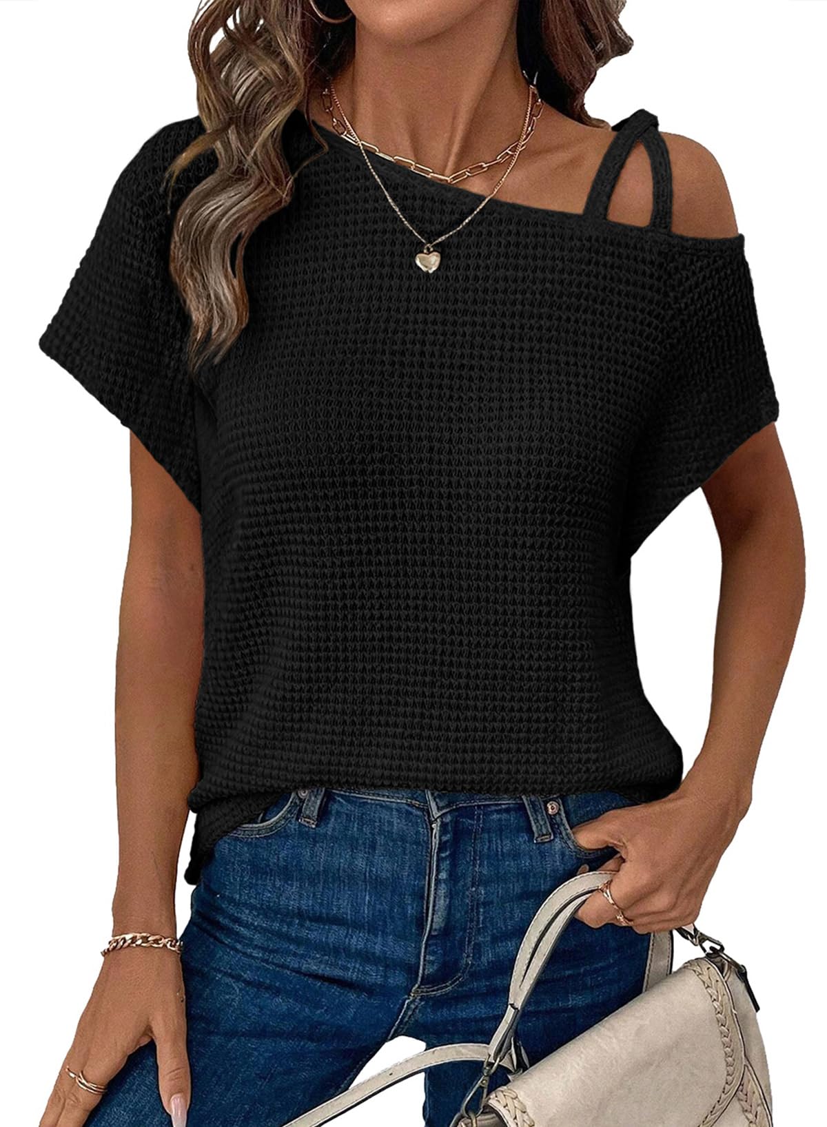 Womens Summer Tops Off One Shoulder Waffle Knit Short Sleeve T-Shirts