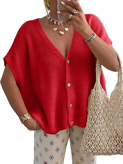 Womens Spring Oversized Cardigans Short Sleeve Lightweight Button Casual Knit Sweater Tops