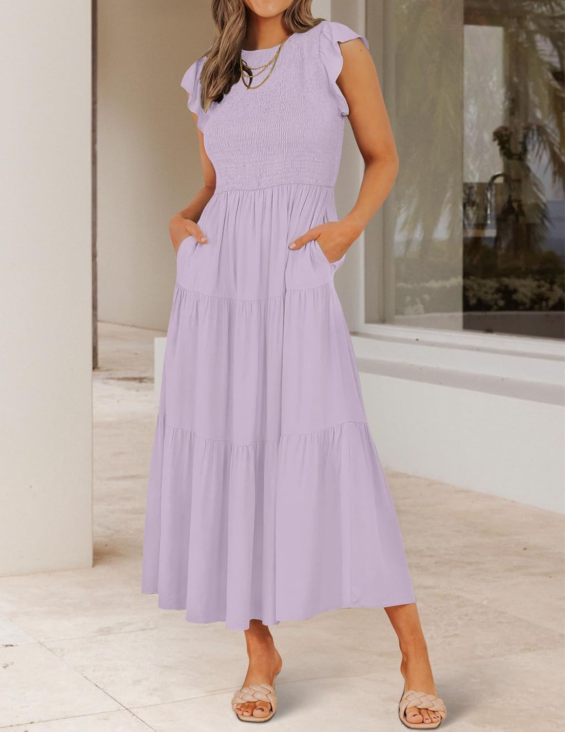 HOT SALE Women's Flutter Short Sleeve Crew Neck Smocked Elastic Waist Tiered Midi Dress