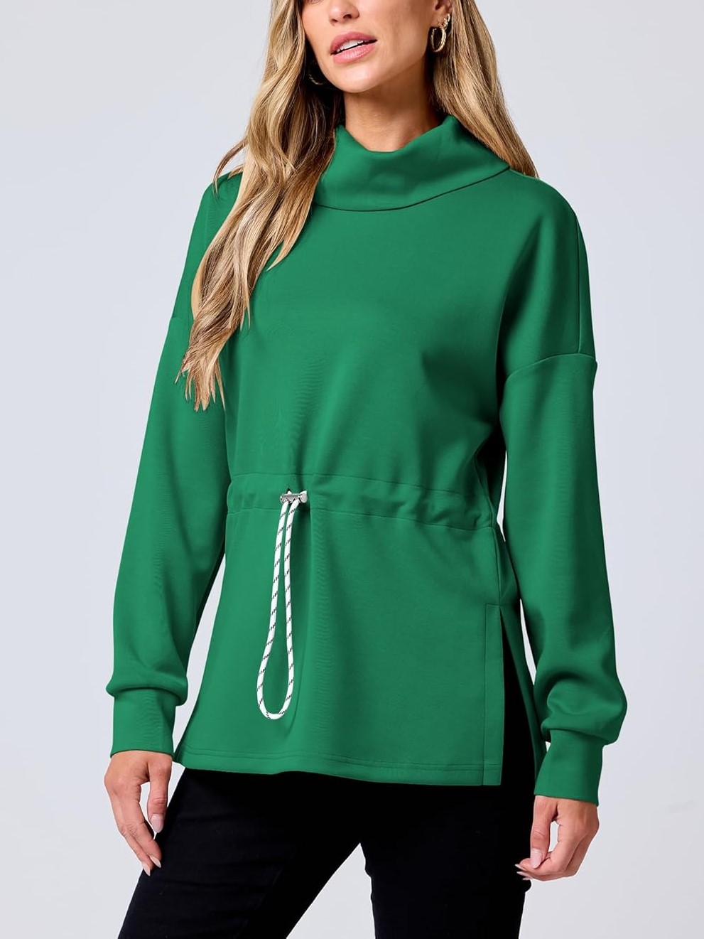 Women's Long Sleeve Turtleneck Drawstring Waist Hoodie Sweatshirts