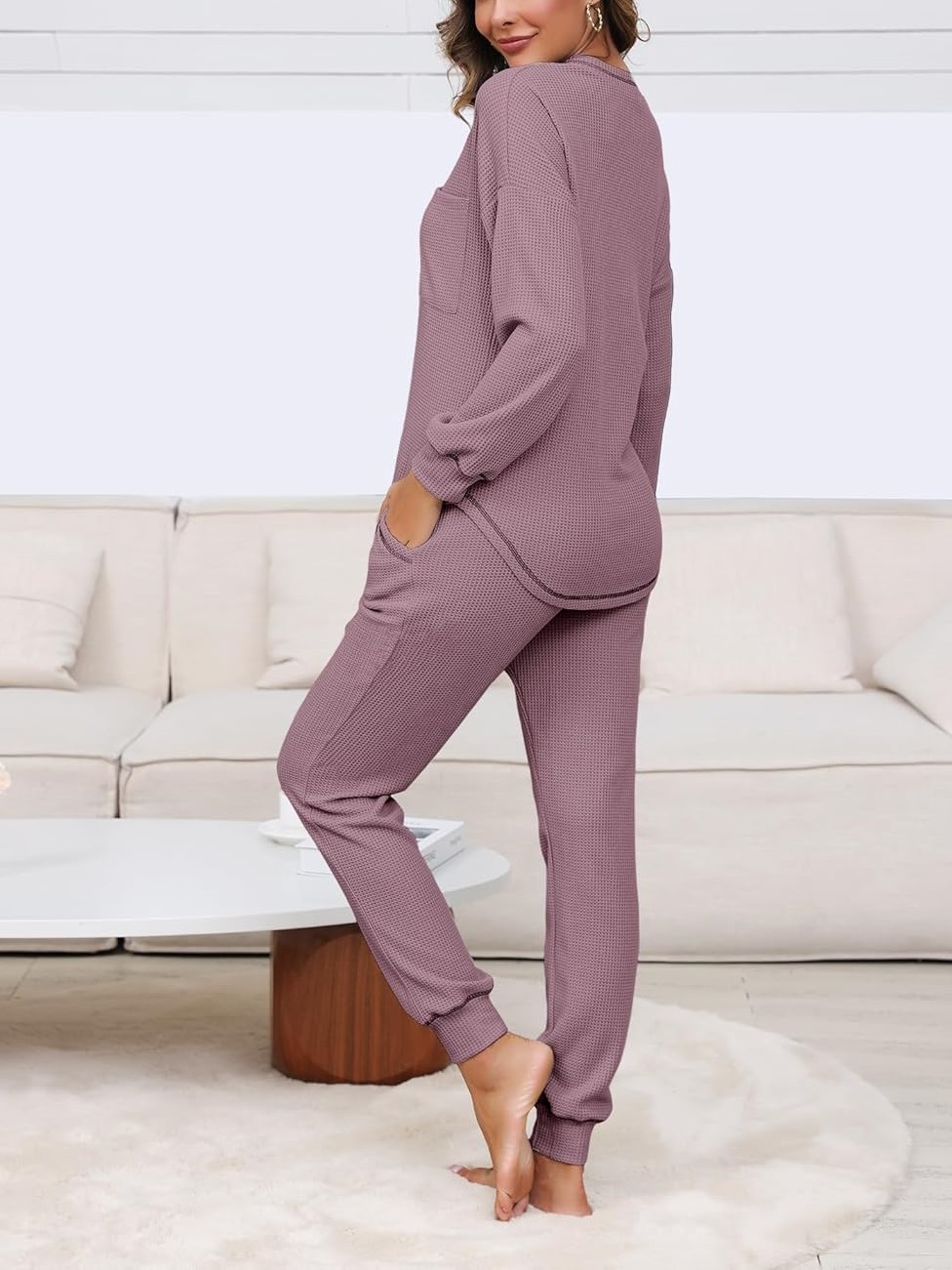 Women's V Neck Waffle Knit Sleepwear Top and Pant Lounge Sets