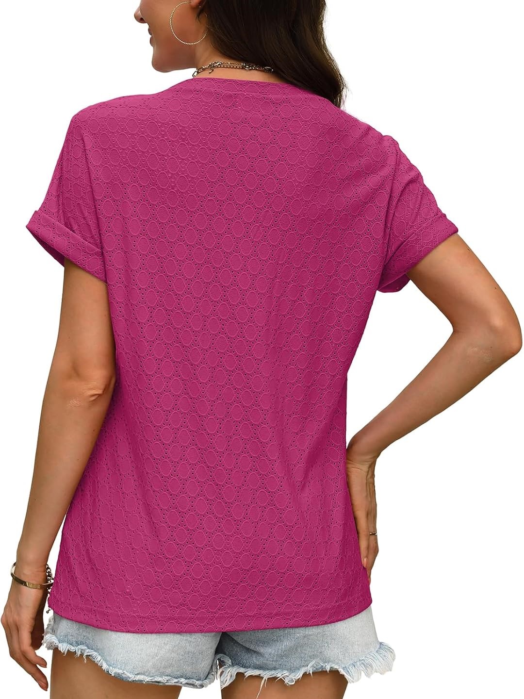 Women's V Neck Eyelet Dressy Casual Basic Short Sleeve Tees