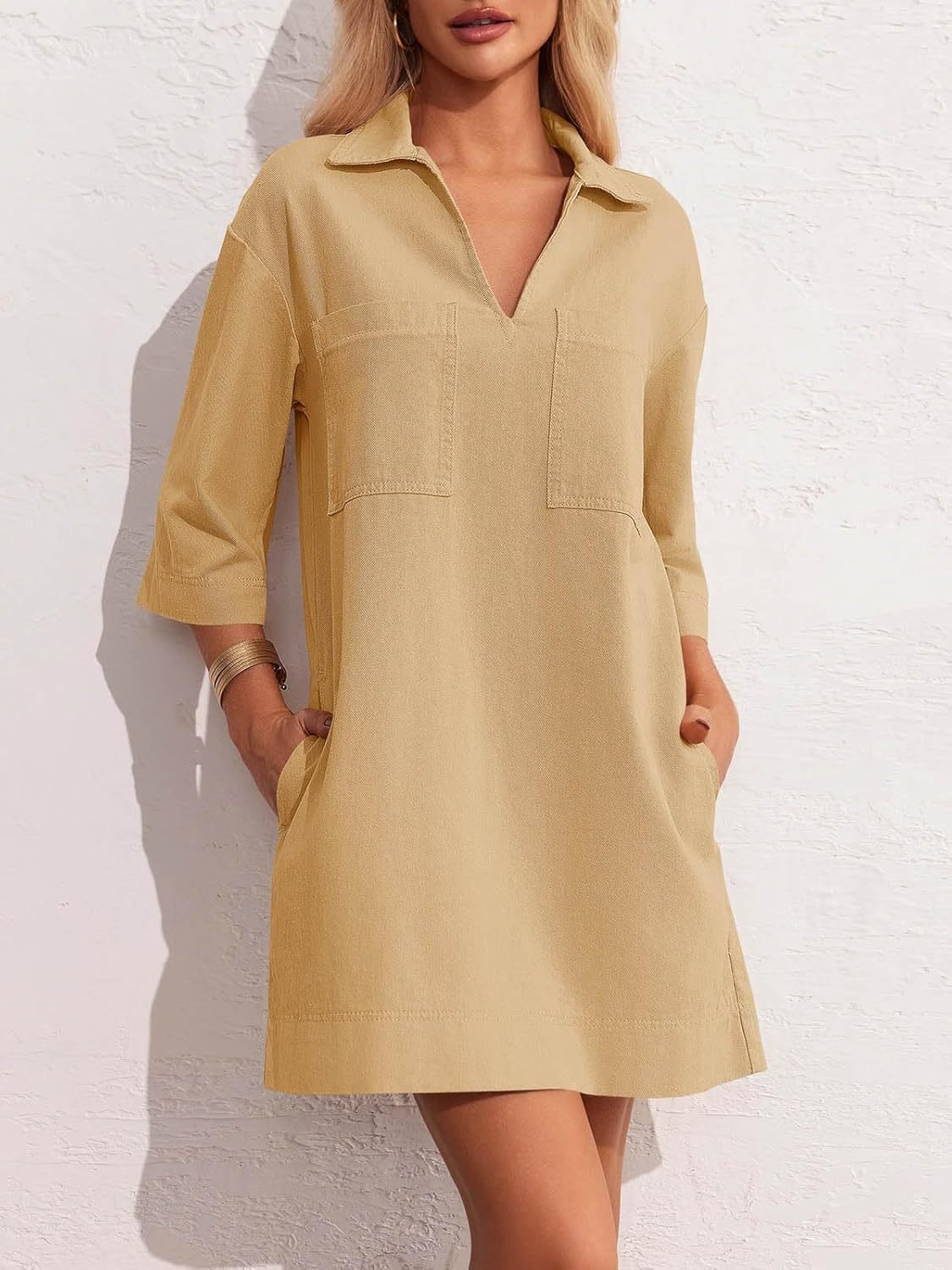 HOT SALE Deep V Neck Half Sleeve Straight Denim Dress with Pockets