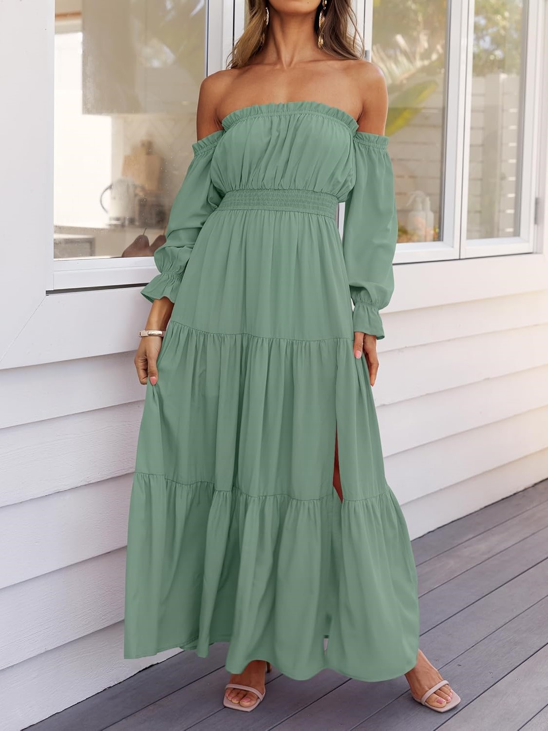 Women's Boho Sexy Off Shoulder Long Sleeve Smocked Side Split Tiered Maxi Dress