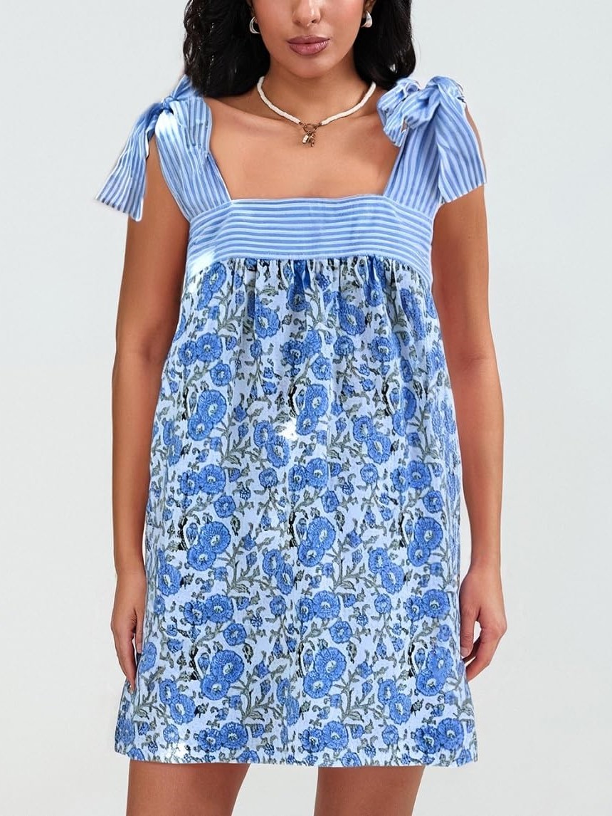 HOT SALE Women's Boho Square Neck Tie Shoulder Sleeveless Floral Mini Dress