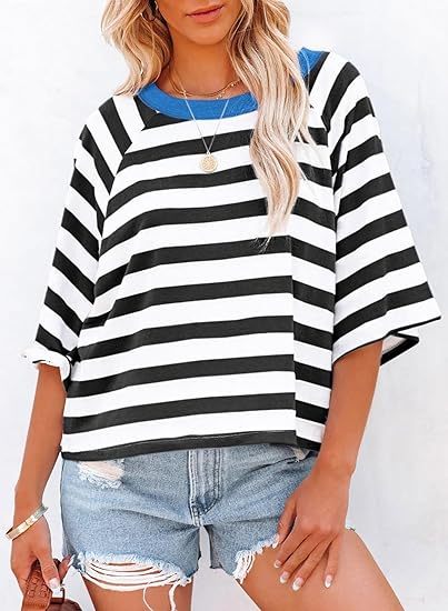 HOT SALE Women's Cute Round Neck Striped Short Sleeve Casual Top
