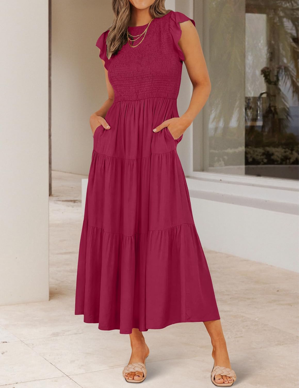 HOT SALE Women's Flutter Short Sleeve Crew Neck Smocked Elastic Waist Tiered Midi Dress
