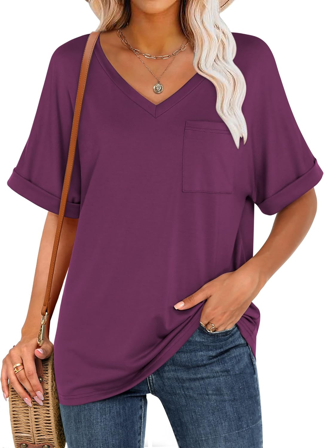Women's Cute Oversized Short Sleeve Tops Basic Tee Shirts with Pocket(BUY 3 FREE SHIPPING)