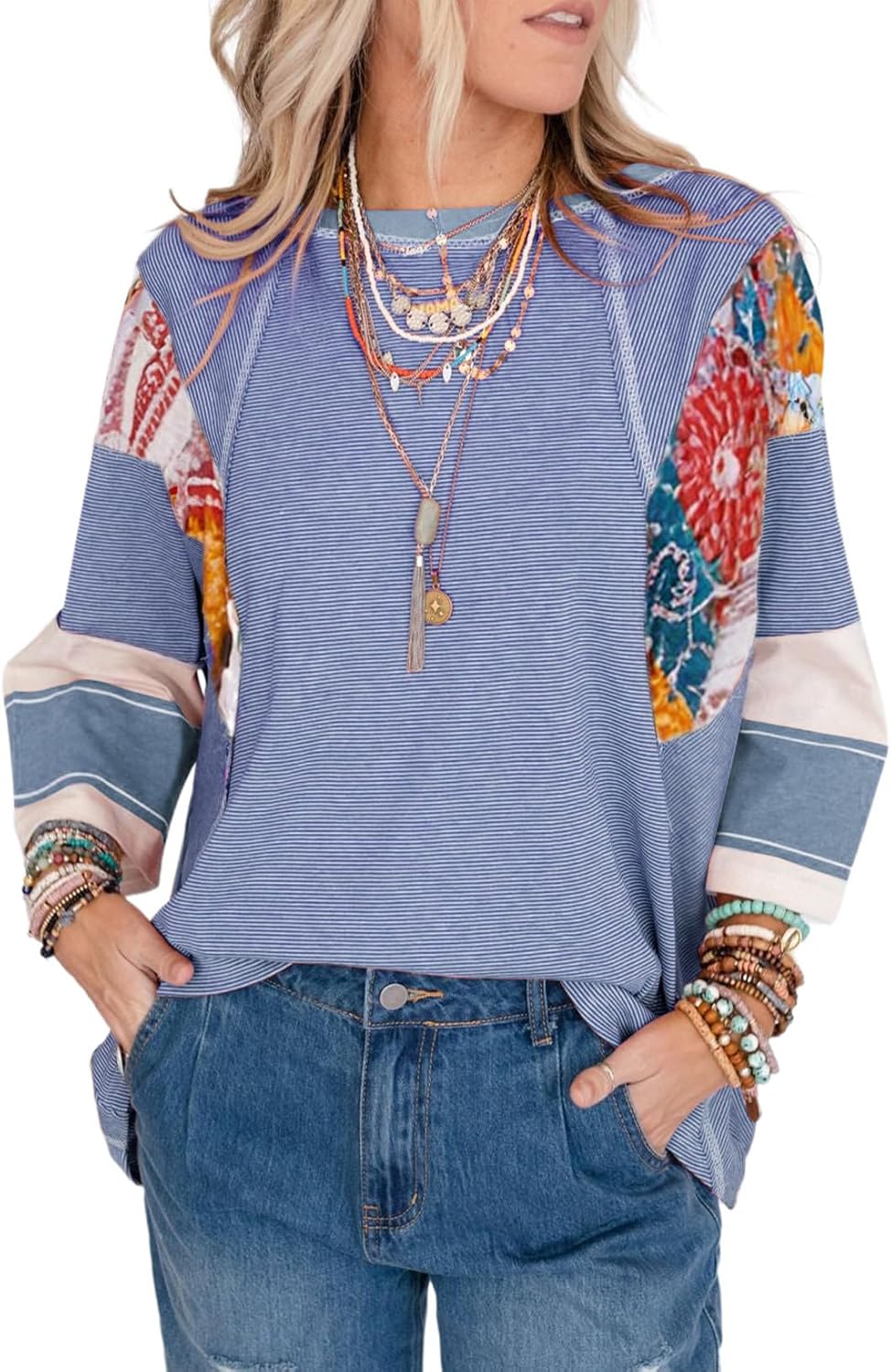 2025 Spring Summer Crew Neck Oversized Striped Patchwork Shirts Blouse