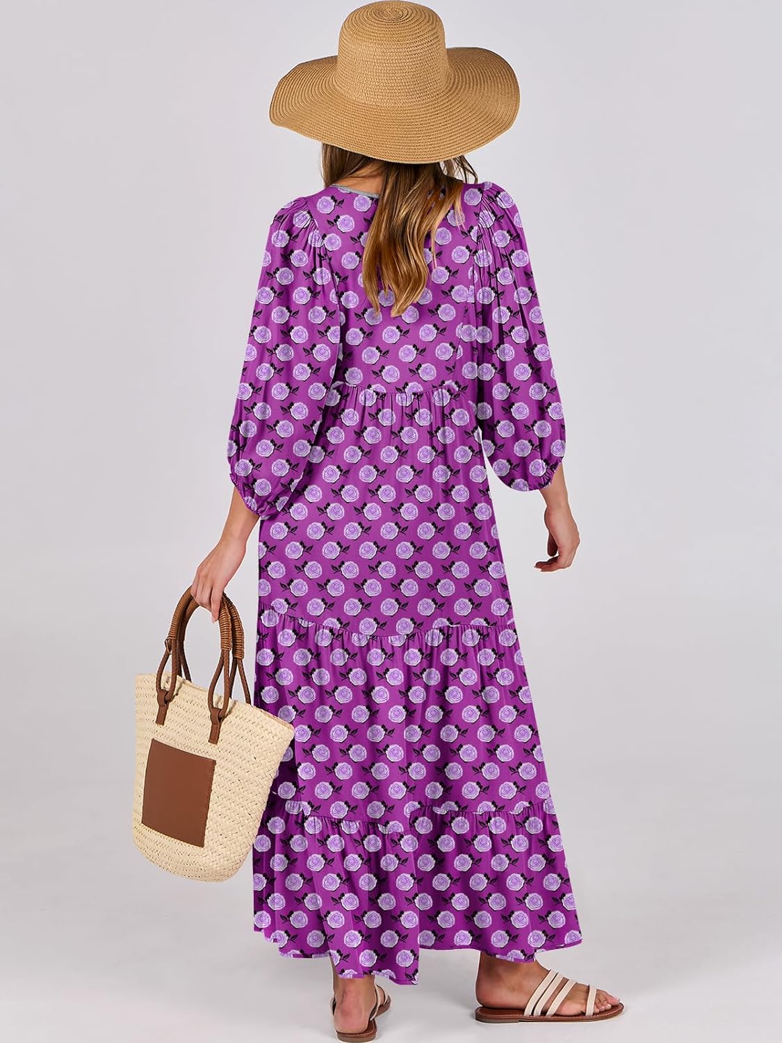 HOT SALE Summer V Neck Puff Sleeve Floral Flowy Casual Maxi Dress