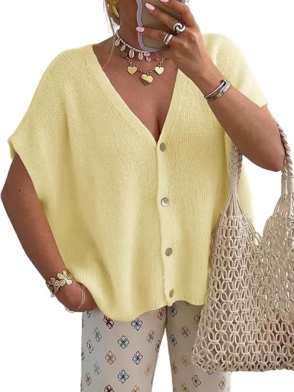 Womens Spring Oversized Cardigans Short Sleeve Lightweight Button Casual Knit Sweater Tops
