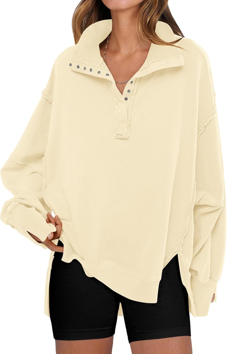Womens Oversized V Neck Button Up Henley Pullover Sweatshirts