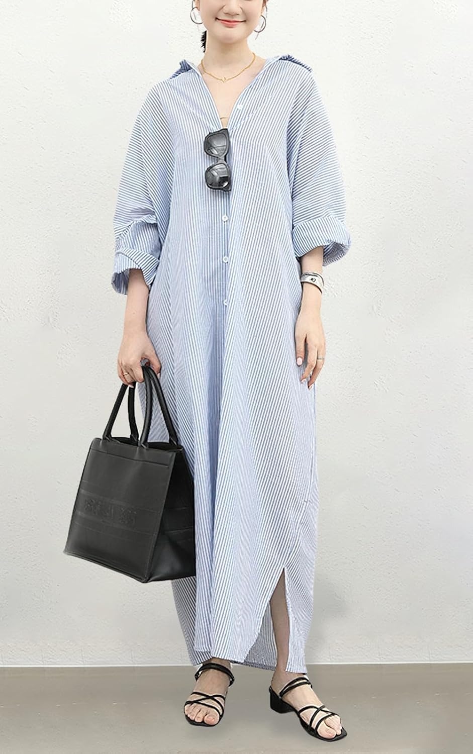 Women's Casual Button Down Loose Striped Cotton Maxi Shirt Dress