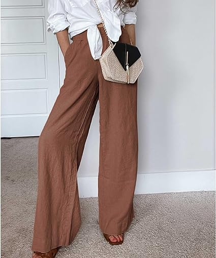 Women's Cotton Linen Drawstring Stretch Waist Wide Leg Pants