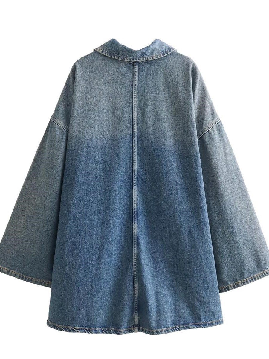 Women's Half-Zip Collared Vintage Loose Denim Dress Long Sleeve Casual Top