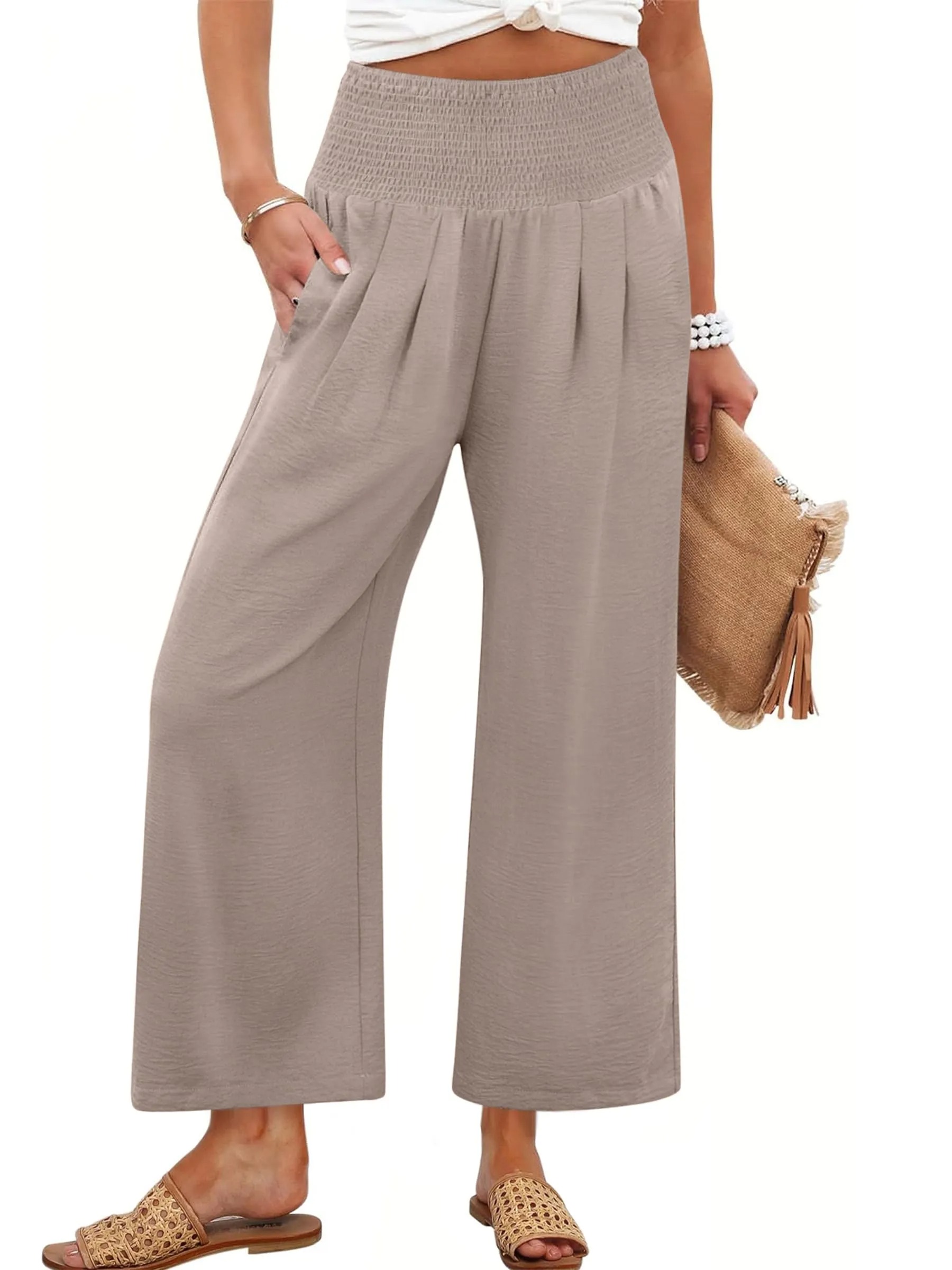 HOT SALE Women's High Waist Elastic Palazzo Pants Flowy Beach Lounge Casual Trousers