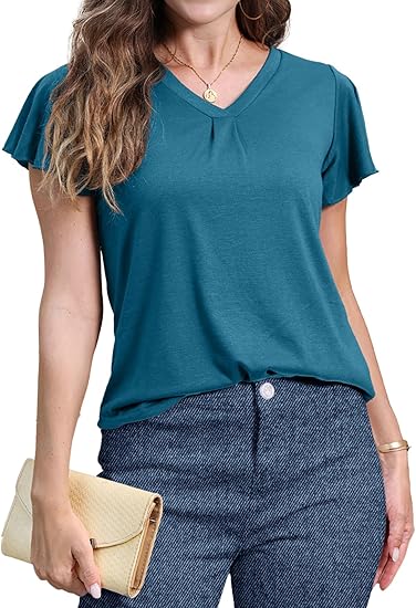 Women's V Neck Ruffle Sleeve Tunic Short Sleeve Blouse Flutter Sleeve Tops