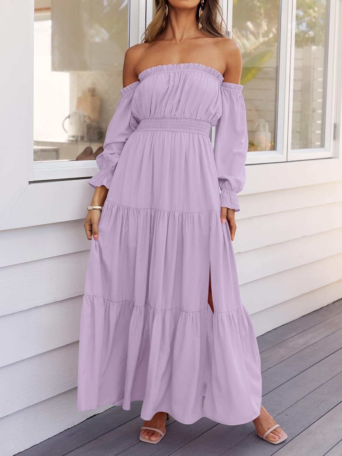 Women's Boho Sexy Off Shoulder Long Sleeve Smocked Side Split Tiered Maxi Dress