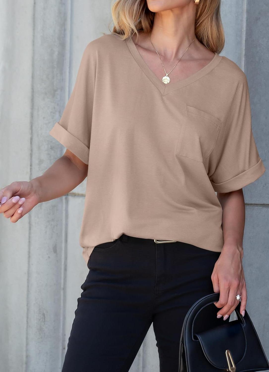 Women's Cute Oversized Short Sleeve Tops Basic Tee Shirts with Pocket(BUY 3 FREE SHIPPING)