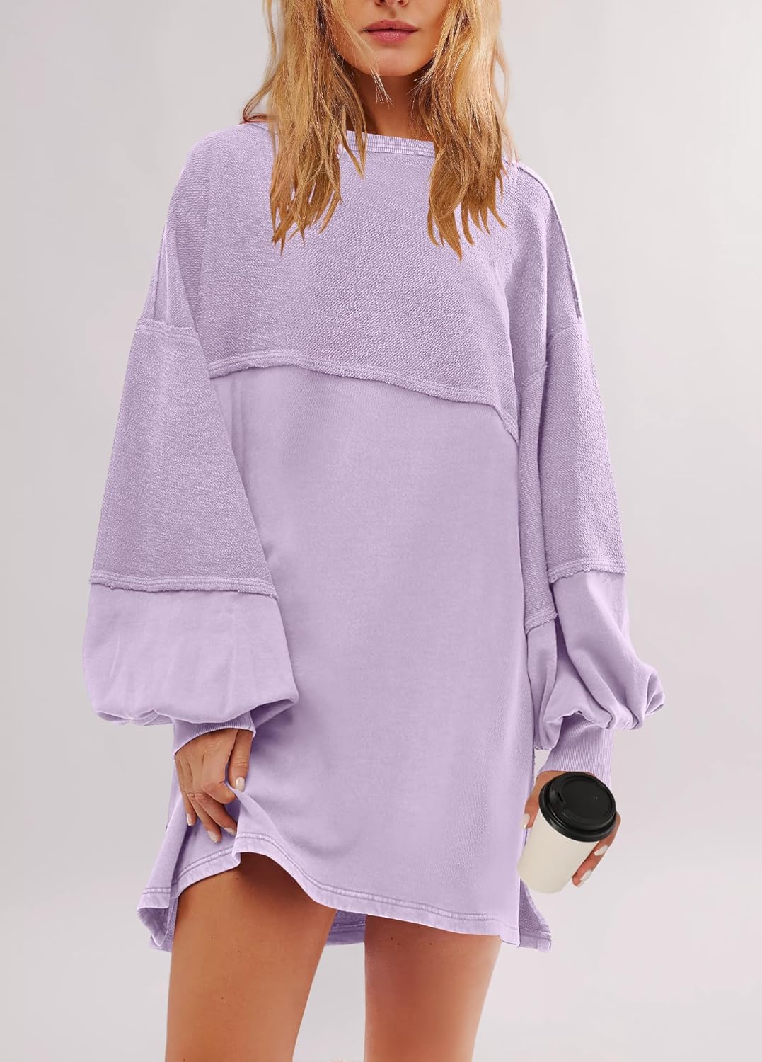 Women's Oversized Crewneck Patchwork Slit Sweatshirt Dress