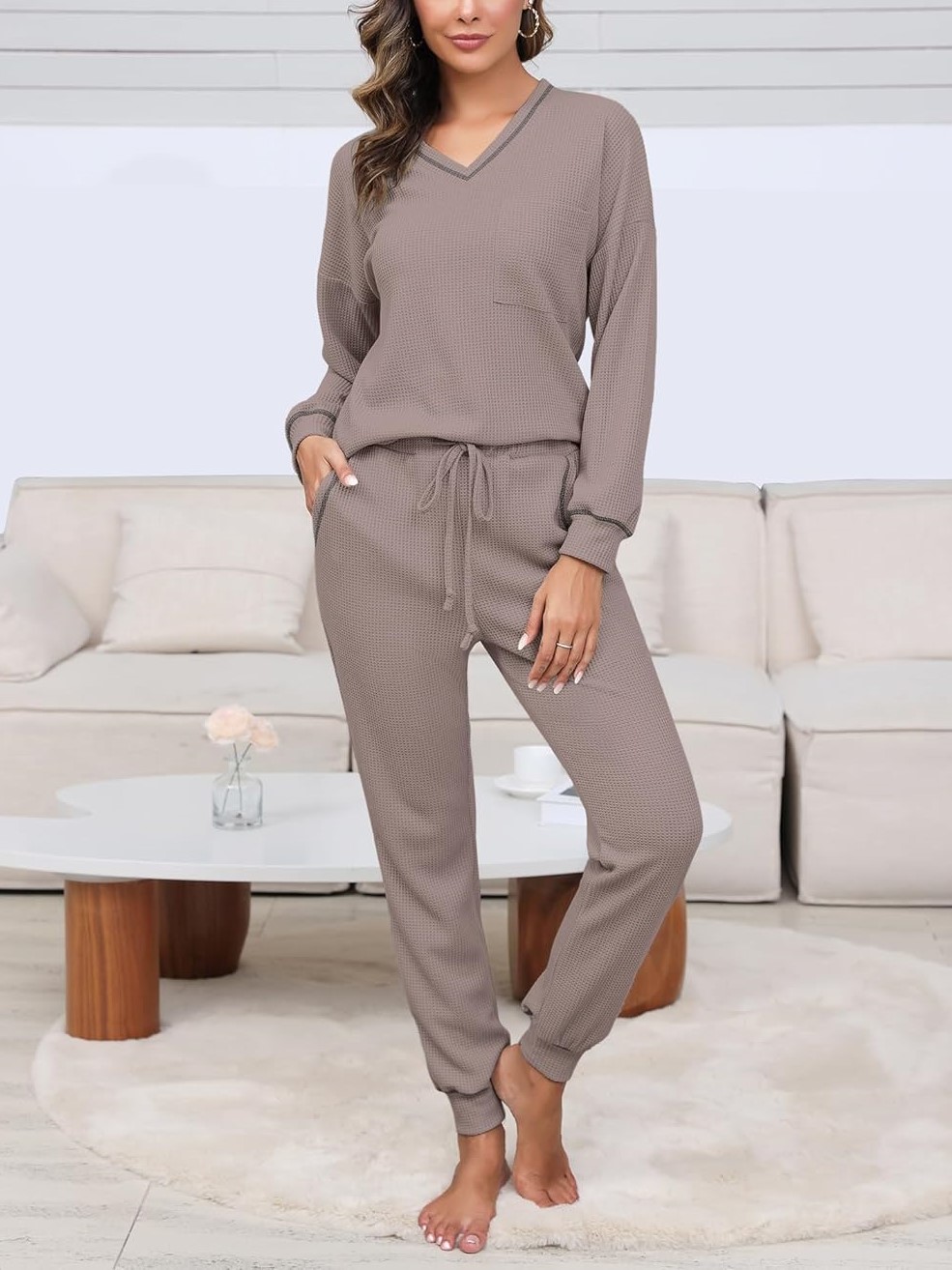 Women's V Neck Waffle Knit Sleepwear Top and Pant Lounge Sets